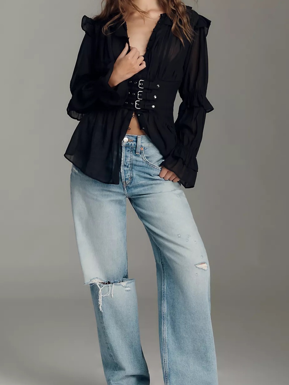 Anthropologie Long-Sleeve Sheer Corset Blouse - Picture 3 of 4